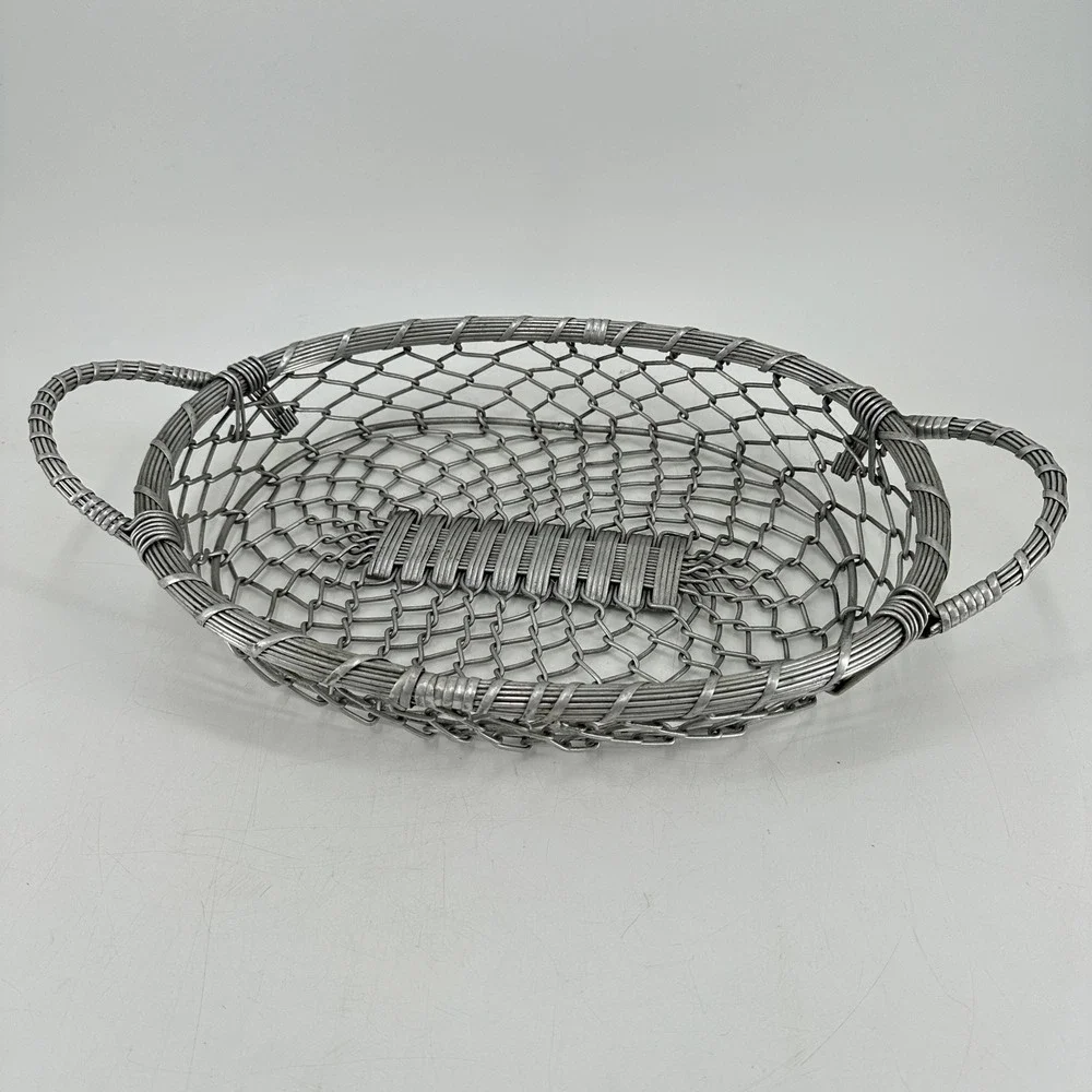 Vintage Style Oval Metal Wire Mesh Basket with Handles Silver Industrial Decor